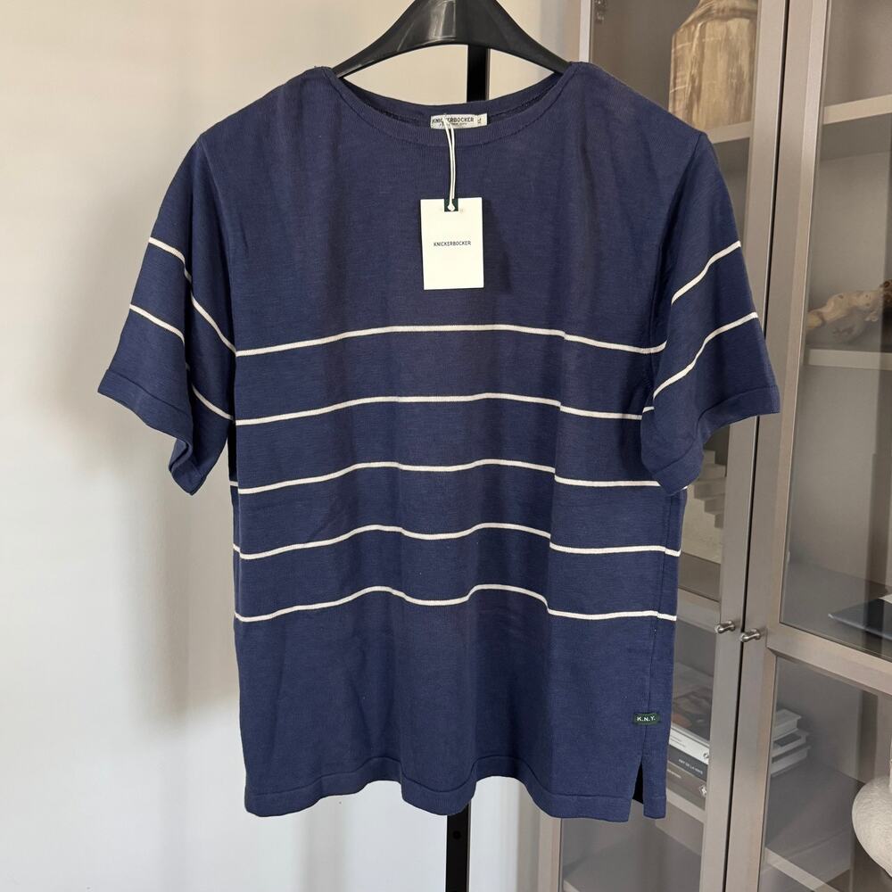 Knickerbocker Flamme Dock Knit Short Sleeve Shirt S NEW Striped Navy Cotton Crew